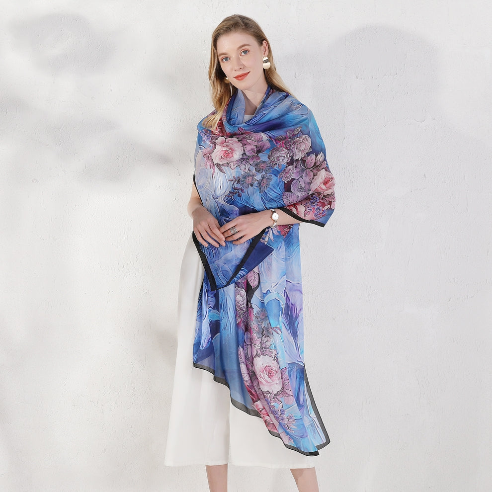 Floral Ocean Silk Chiffon Wrap  Scarflings® Sheer Sophistication   